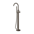 A modern freestanding bathtub faucet in a dark brushed bronze finish, featuring a high-arc gooseneck spout, a vertical post with a round base, a handheld shower attachment with a flexible hose, and a single lever handle, shown against a solid light gray background.