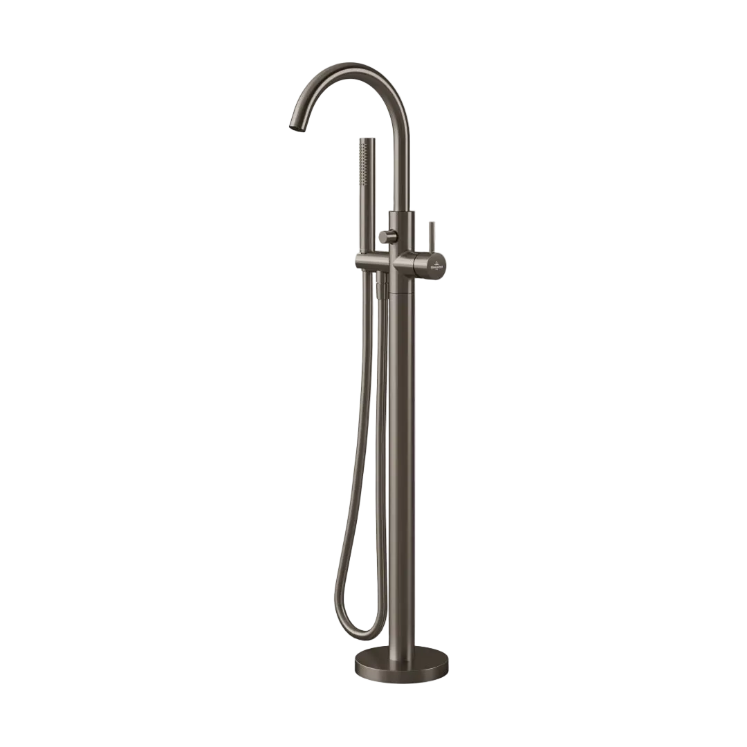 A modern freestanding bathtub faucet in a dark brushed bronze finish, featuring a high-arc gooseneck spout, a vertical post with a round base, a handheld shower attachment with a flexible hose, and a single lever handle, shown against a solid light gray background.