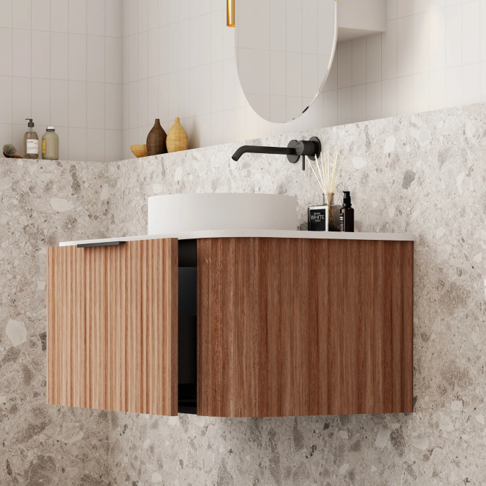 Cassa Design V-Groove 900mm Natural Walnut Wall Hung Vanity - Matte Black Handle - VGR900WH-WALNUT-MB