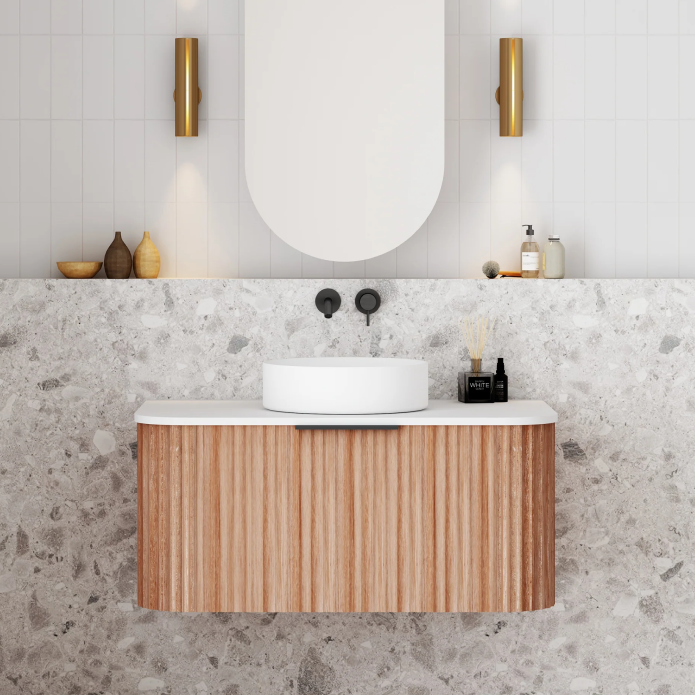 Cassa Design V-Groove 900mm Natural Walnut Wall Hung Vanity - Brushed Nickel Handle - VGR900WH-WALNUT-BN