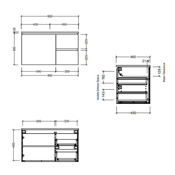 Timberline Nevada 900mm Wall Hung Vanity with Ceramic Top - Right Hand Drawers - NEVQV900CAPHW