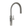 A brushed chrome multifunction filtered water tap with a gooseneck spout and an ergonomic touch-screen display.