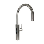 A brushed chrome multifunction filtered water tap with a gooseneck spout and an ergonomic touch-screen display.