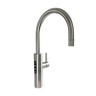 A brushed chrome multifunction filtered water tap with a gooseneck spout and an ergonomic touch-screen display.