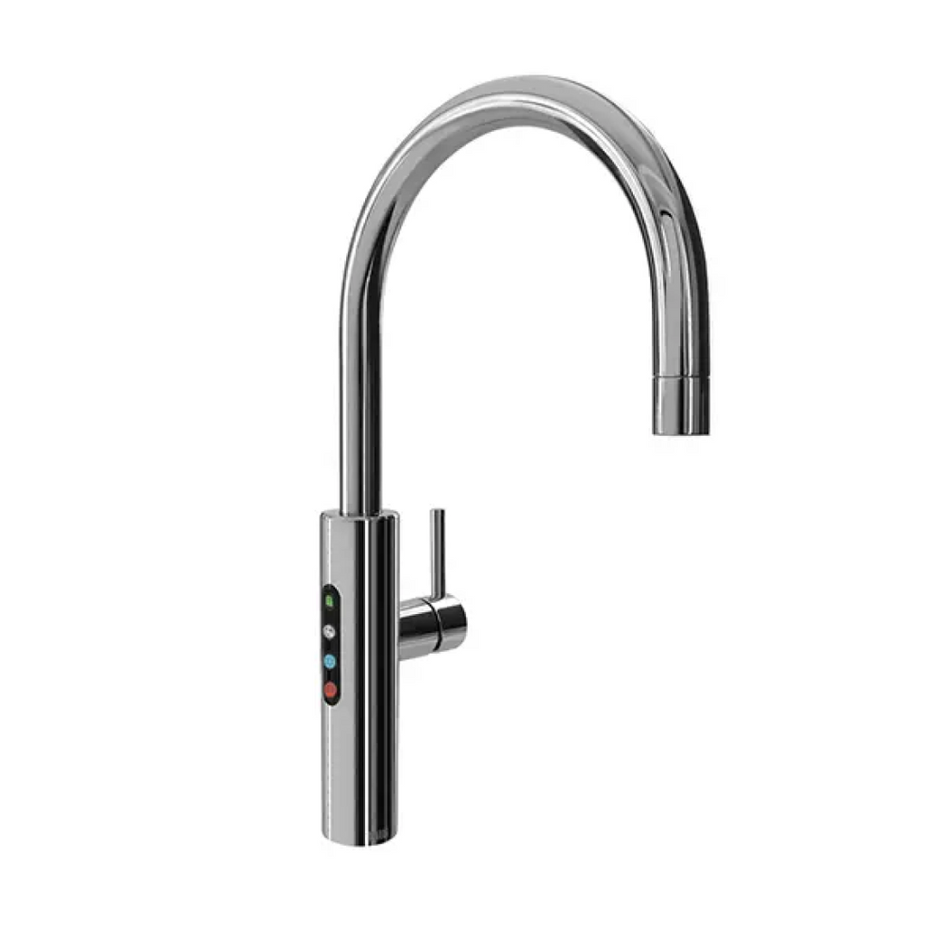 A chrome multifunction filtered, boiling, chilled gooseneck tap with a touch-screen display and safety lock feature.