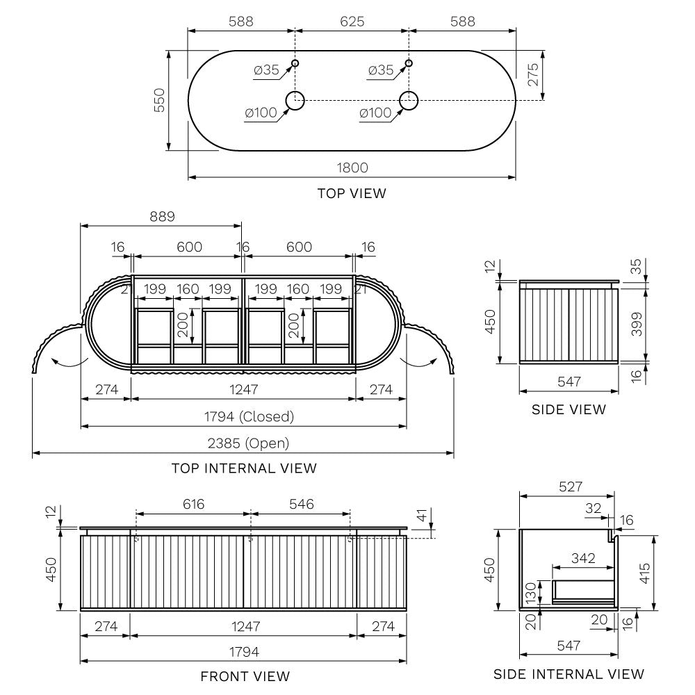 Parisi Abbraccio 1800 Matte White Wall Hung Vanity - Twilight - 2 Tap Holes - ABR-1801-MW-TW