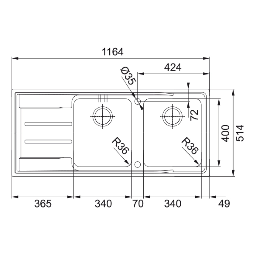 Franke ANX221LHD Double Bowl Flushmount Sink - Left Hand Drainer