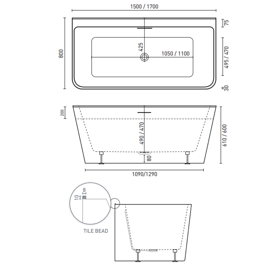 Decina Aria 1500mm Acrylic Back to Wall Bath - Gloss White - AR1500WIO