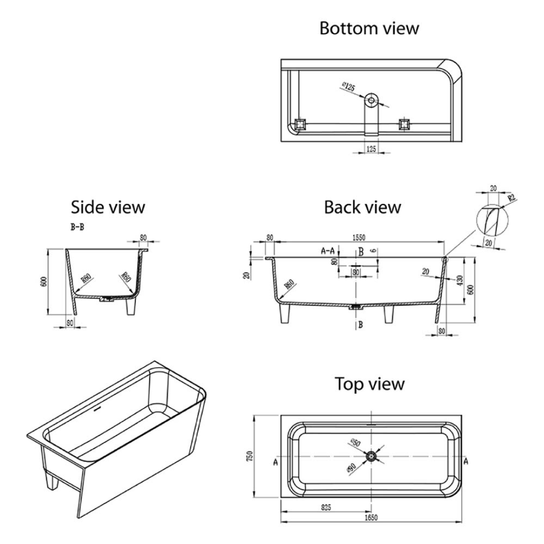 Villeroy & Boch Architectura 1650 CastStone Back to Wall Freestanding Bath - Left Hand Corner - UBC165ARC2VLH01