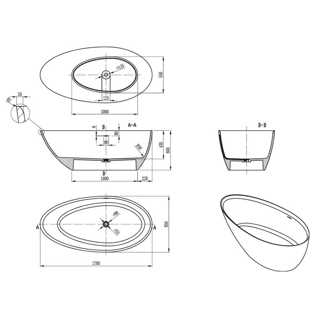Villeroy & Boch Avento 1700 CastStone Freestanding Bath - White - UBC170AVE2V01