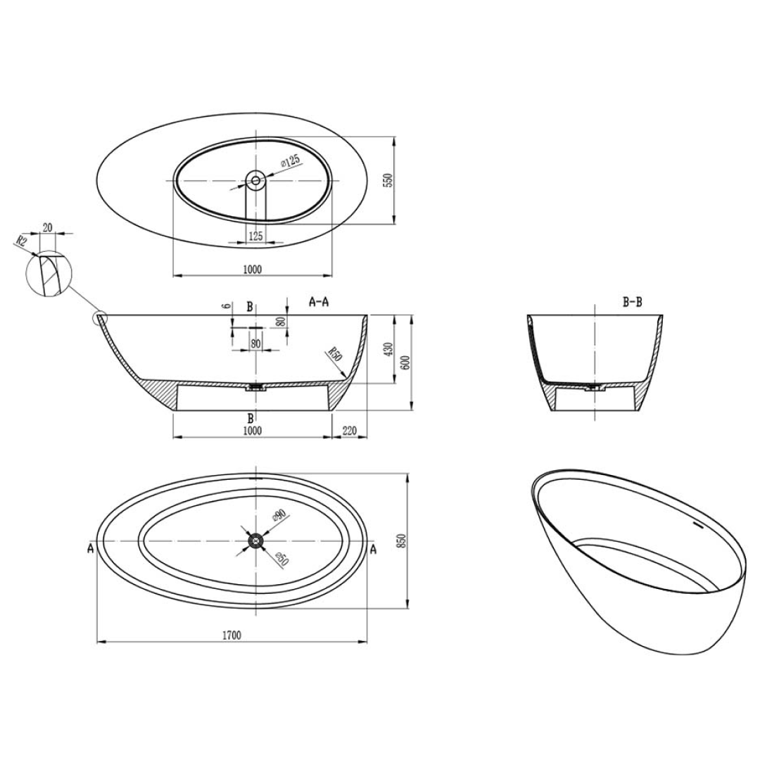 Villeroy & Boch Avento 1700 CastStone Freestanding Bath - White - UBC170AVE2V01
