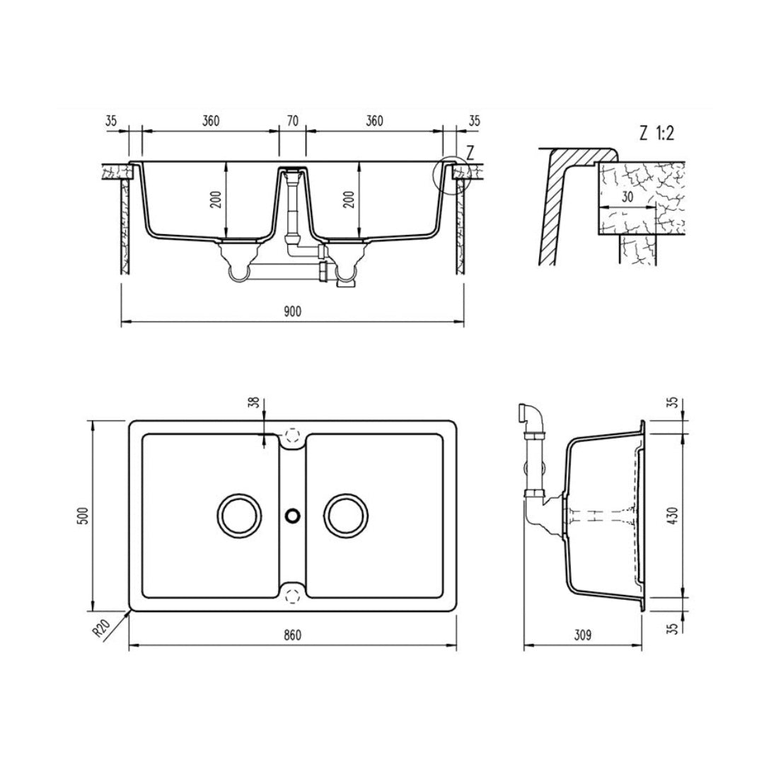 Abey Schock Typos Undermount Double Bowl Sink NTH - Onyx - TN200B-NTH