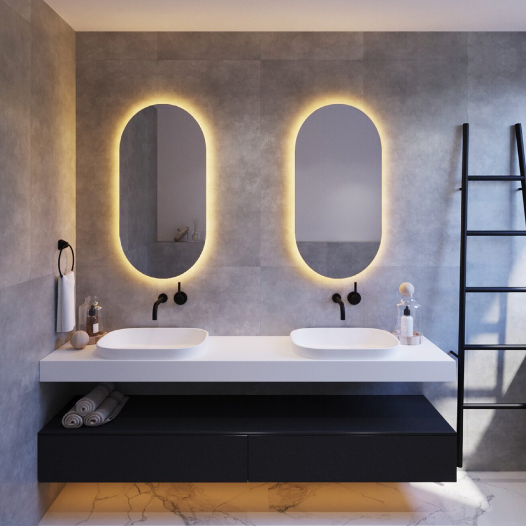 Thermogroup Backlit Pill Shape Mirror with Warm Light 500x1000x45mm 61Watts - Includes Mirror Demister - SO500W