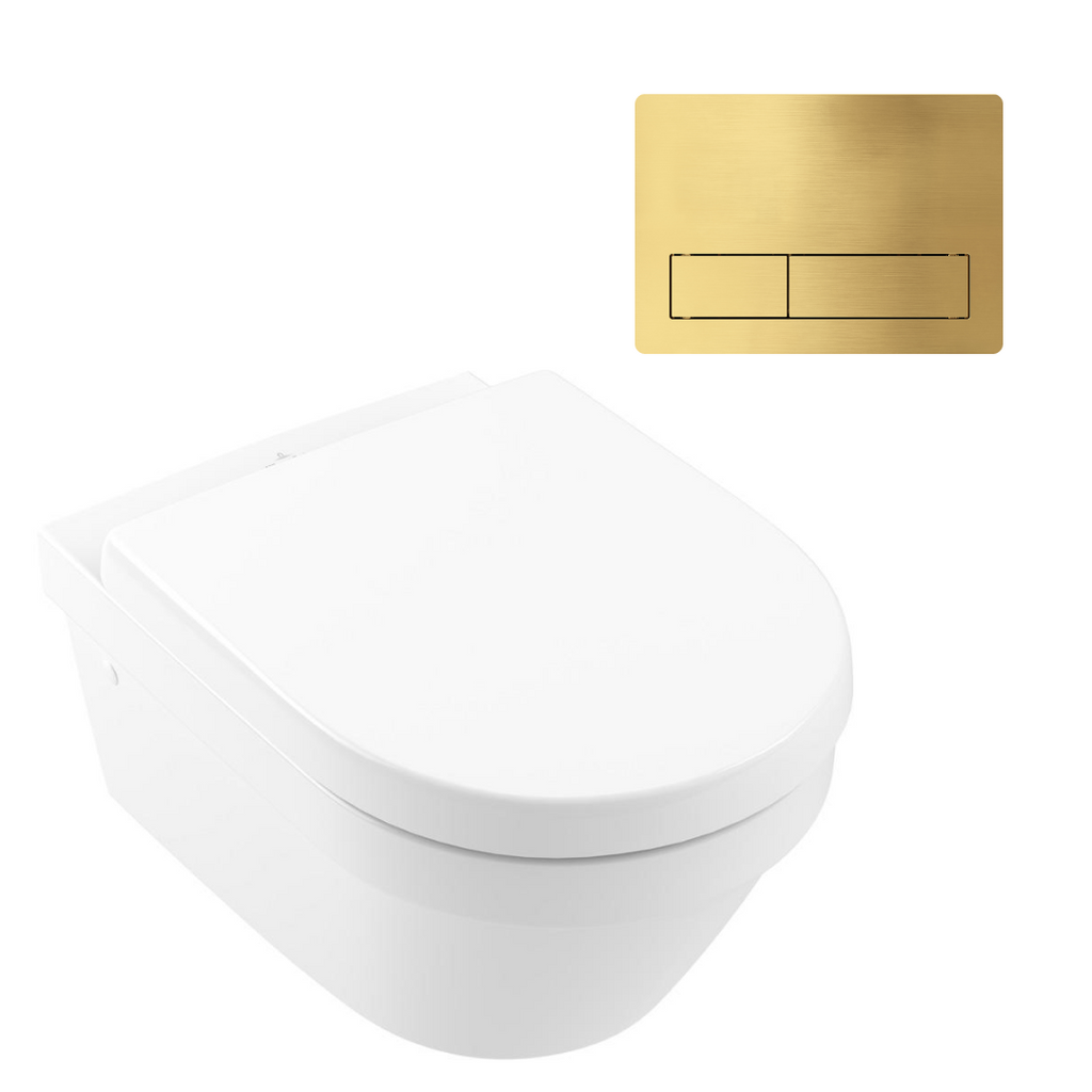Villeroy & Boch Architectura 3.0 Wall Hung Toilet incl/Villeroy & Boch Cistern Package - 150S Brushed Gold Button - 4694HR01S4B + 92233500 + 92241585