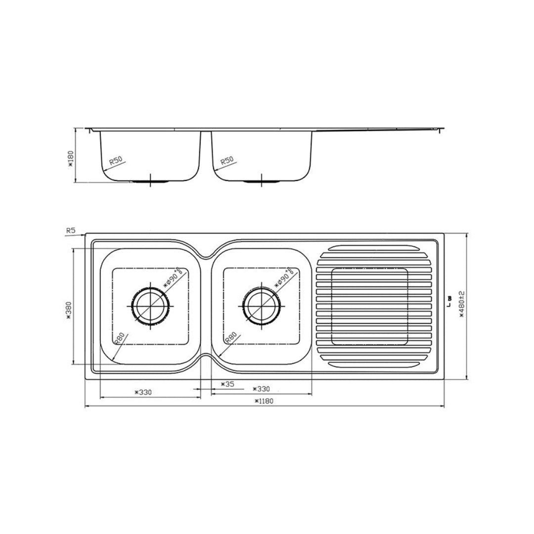 Argent Format 1180 Double Sink Drainer - No Tap Hole - KS411820N