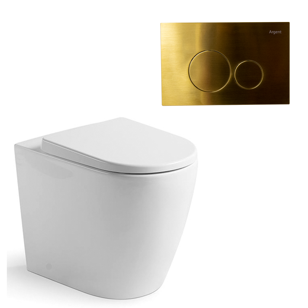 Argent Grace Hygienic Flush Wall Faced Package - Argent Cistern - Round Brushed Gold Button - 8H16901S4B + IN38905 + F5020BG