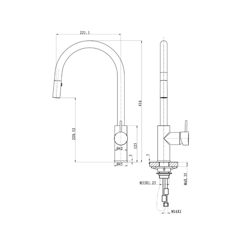 Argent Grace Gooseneck Kitchen Mixer with Pull-Out Spray - Chrome