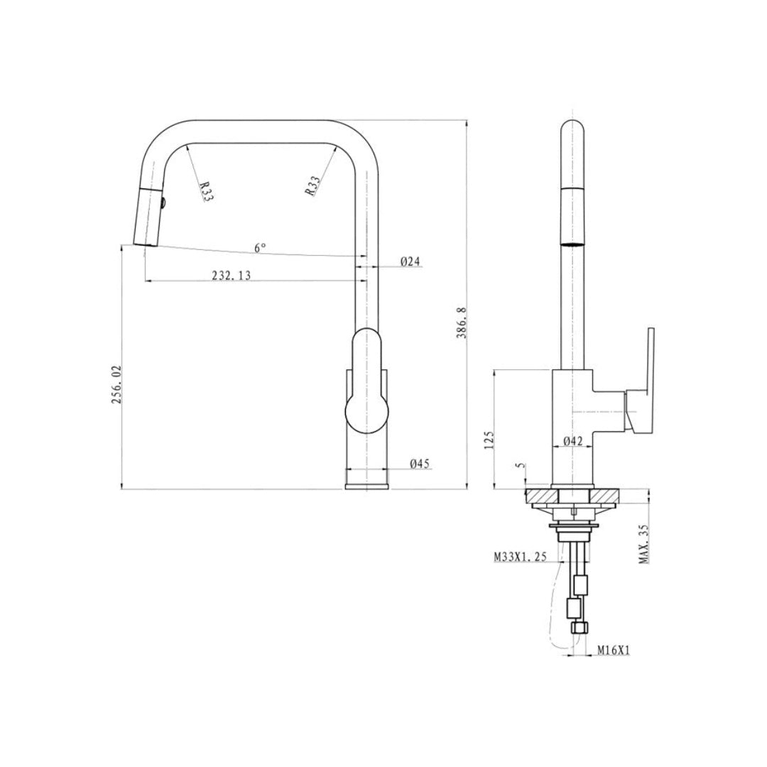 Argent Mirra Square Gooseneck Kitchen Mixer Pull Out Aerator Chrome