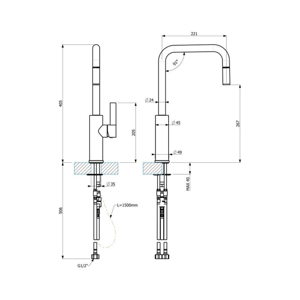 Armando Vicario Luz Sink Mixer with Pull-Out Spray - Brushed Chrome - LUZ-BC