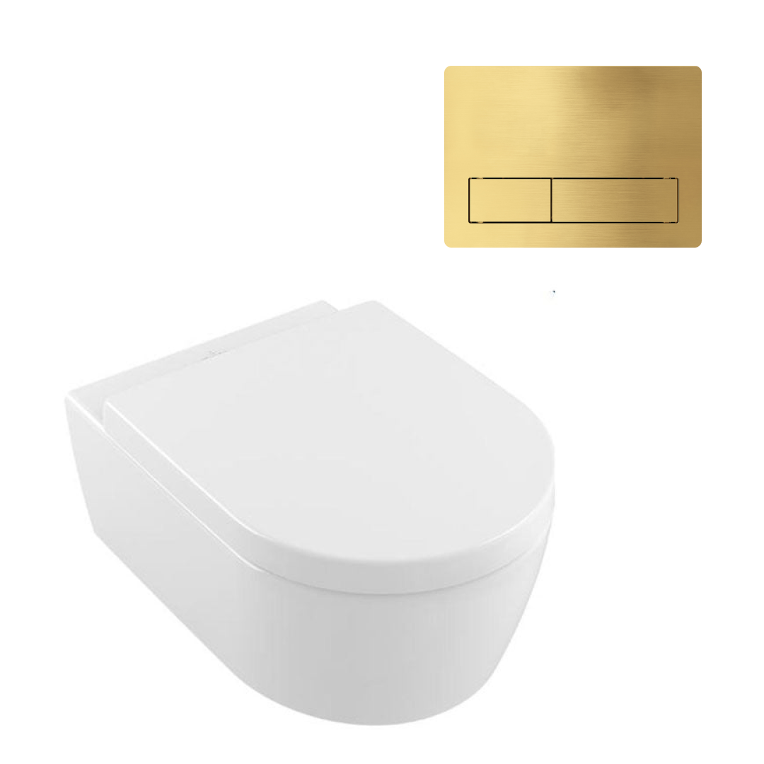 Villeroy & Boch Avento DirectFlush Wall Hung Toilet incl/VB Cistern Package - 150S Brushed Gold Button - 5656R001S4B + 92233500 + 92241585