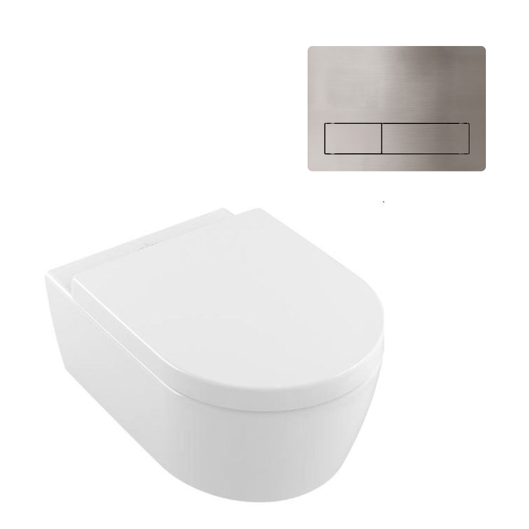 Villeroy & Boch Avento DirectFlush Wall Hung Toilet incl/VB Cistern Package - 150S Brushed Nickel Button - 5656R001S4B + 92233500 + 92241580