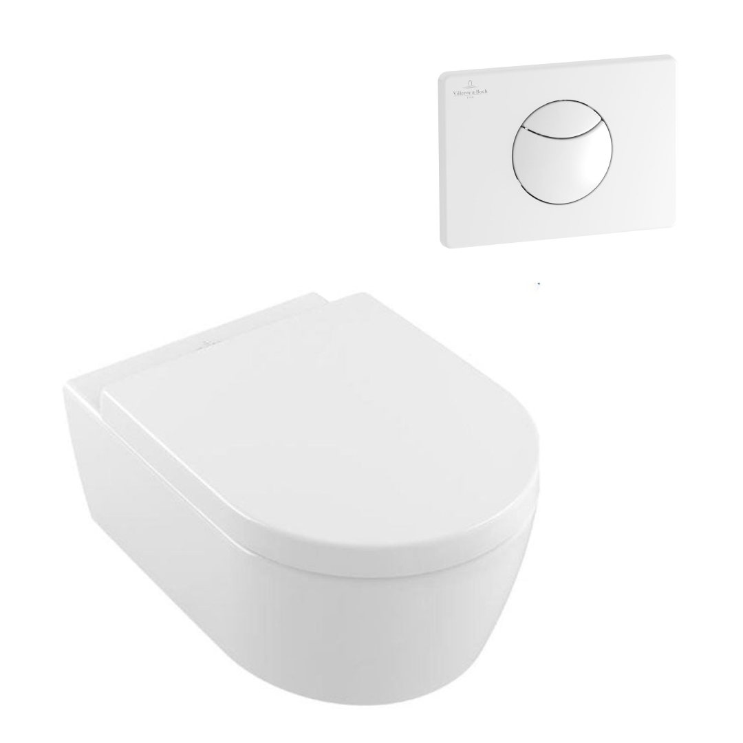 Villeroy & Boch Avento DirectFlush Wall Hung Toilet incl/VB Cistern Package - E100 White Button - 5656R001S4B + 92233500 + 92248568