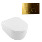 Villeroy & Boch Avento Directflush Wall Hung Toilet Package Argent Cistern - Round Brushed Gold Button - 5656R001S4B + IN48905 + F5020BG