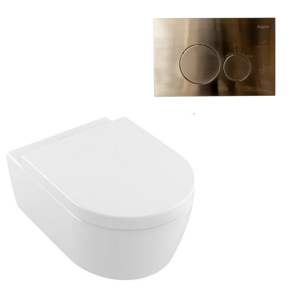 Villeroy & Boch Avento Directflush Wall Hung Toilet Package Argent Cistern - Round Brushed Nickel Button - 5656R001S4B + IN48905 + F5020BN