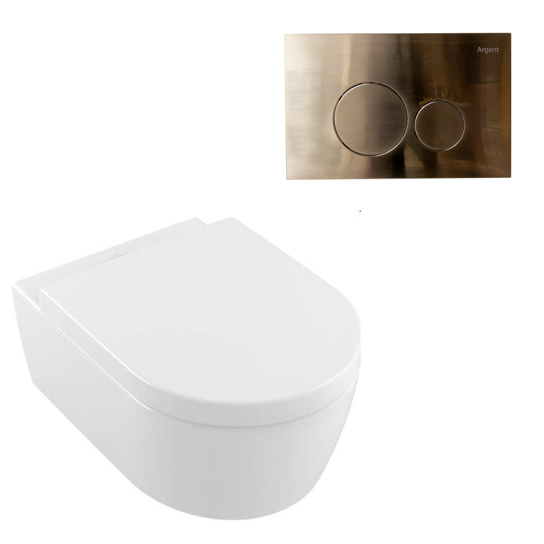 Villeroy & Boch Avento Directflush Wall Hung Toilet Package Argent Cistern - Round Brushed Nickel Button - 5656R001S4B + IN48905 + F5020BN