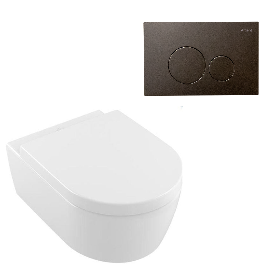 Villeroy & Boch Avento Directflush Wall Hung Toilet Package Argent Cistern - Round Gun Metal Button - 5656R001S4B + IN48905 + F5020GM