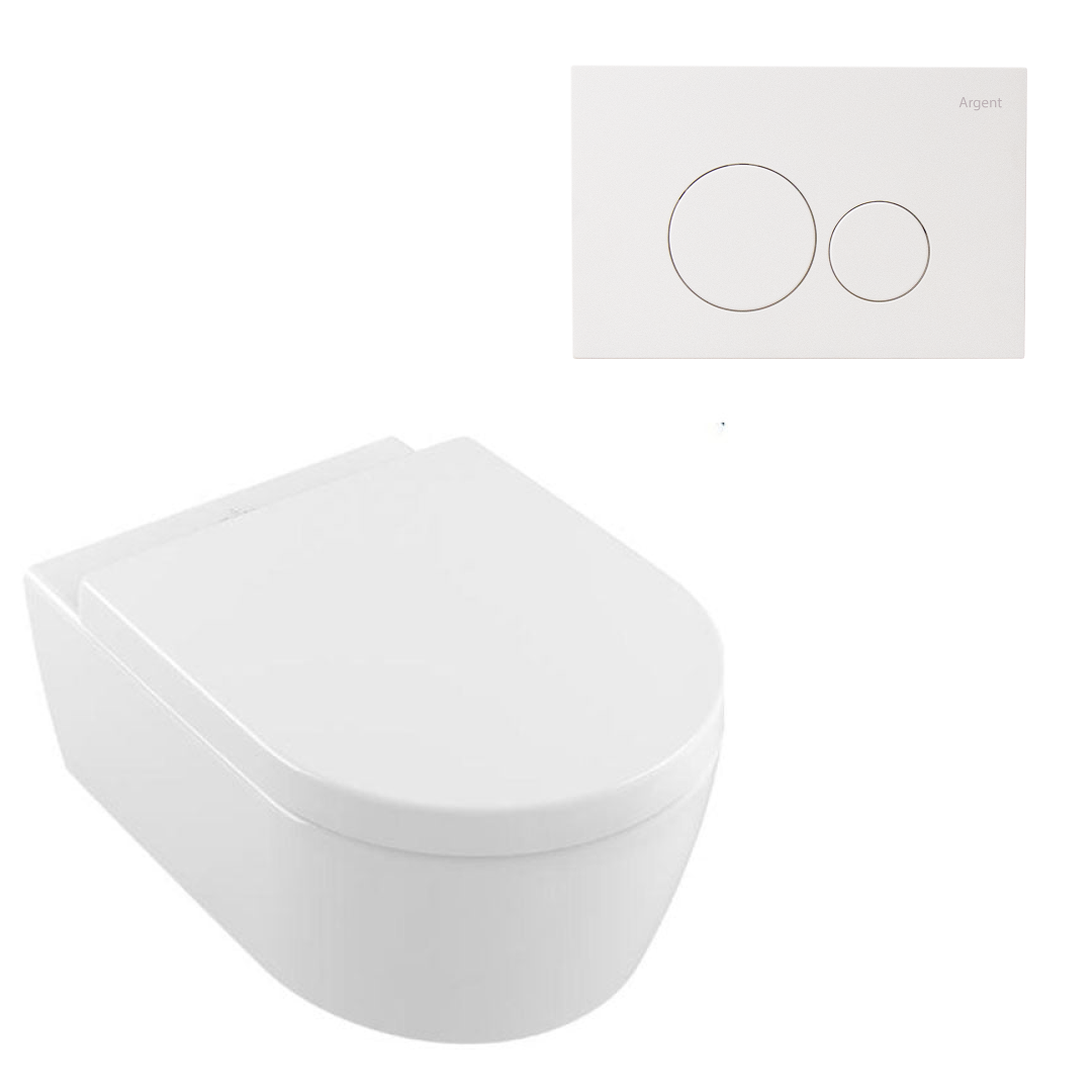 Villeroy & Boch Avento DirectFlush Wall Hung Ceramic Plus Toilet Package - Includes Argent Cistern - Round White Button - 5656R0R1S4B + IN48905 + F5020Wh