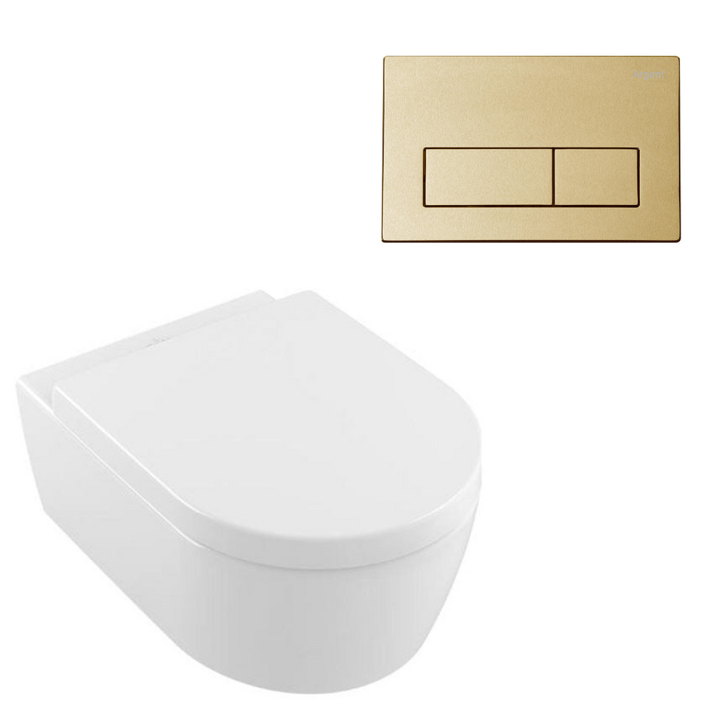Villeroy & Boch Avento Directflush Wall Hung Toilet Package Argent Cistern - Square Brushed Gold Button - 5656R001S4B + IN48905 + IN38785BG