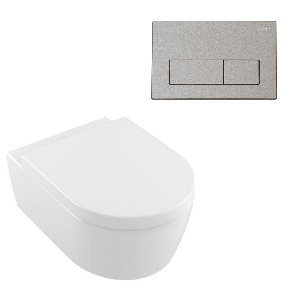 Villeroy & Boch Avento Directflush Wall Hung Toilet Package Argent Cistern - Square Brushed Nickel Button - 5656R001S4B + IN48905 + IN38785BN