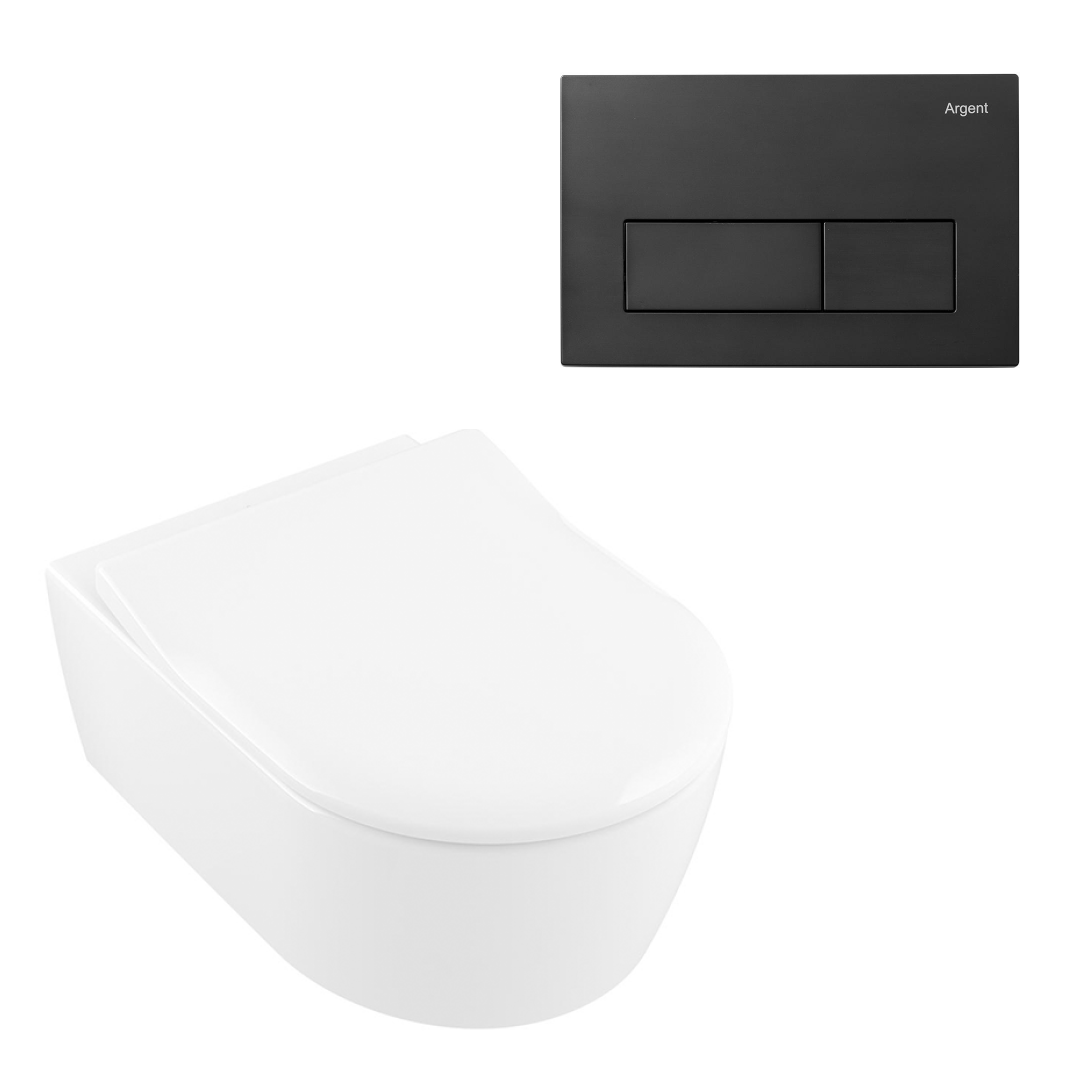 Villeroy & Boch Avento DirectFlush Wall Hung Toilet incl/Slim Seat Package - Includes Argent Cistern - Square Matte Black Button - 5656R001L4B + IN48905 + IN38785MB