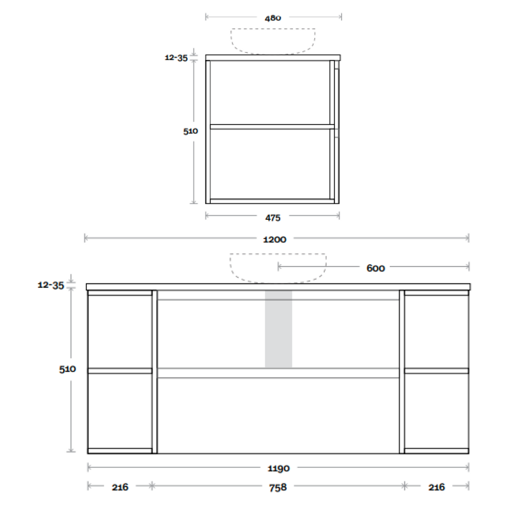 Marquis Avion 1200mm Wall Hung Vanity with Double Shelves - Avion 5 + Stadia Basin