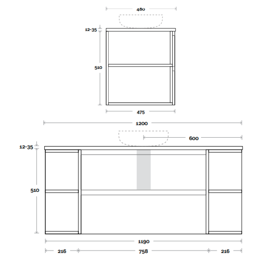 Marquis Avion 1200mm Wall Hung Vanity with Double Shelves - Avion 5 + Stadia Basin