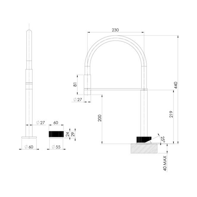 Phoenix Axia 230mm Hob Flexible Hose Sink Mixer Set - Matte Black