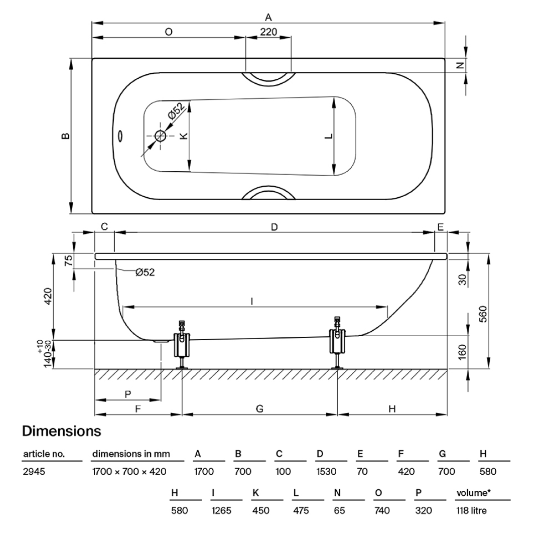 Bette BetteForm 1700 Glazed Titanium Steel Drop-In Bath - B2945B (No Box) - B2945B-Ex-Display