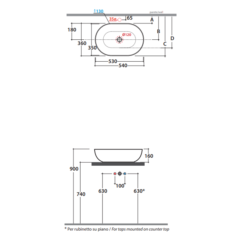 Globo T-Edge Oval Countertop Basin 540mm - Mattone - B6O54MT
