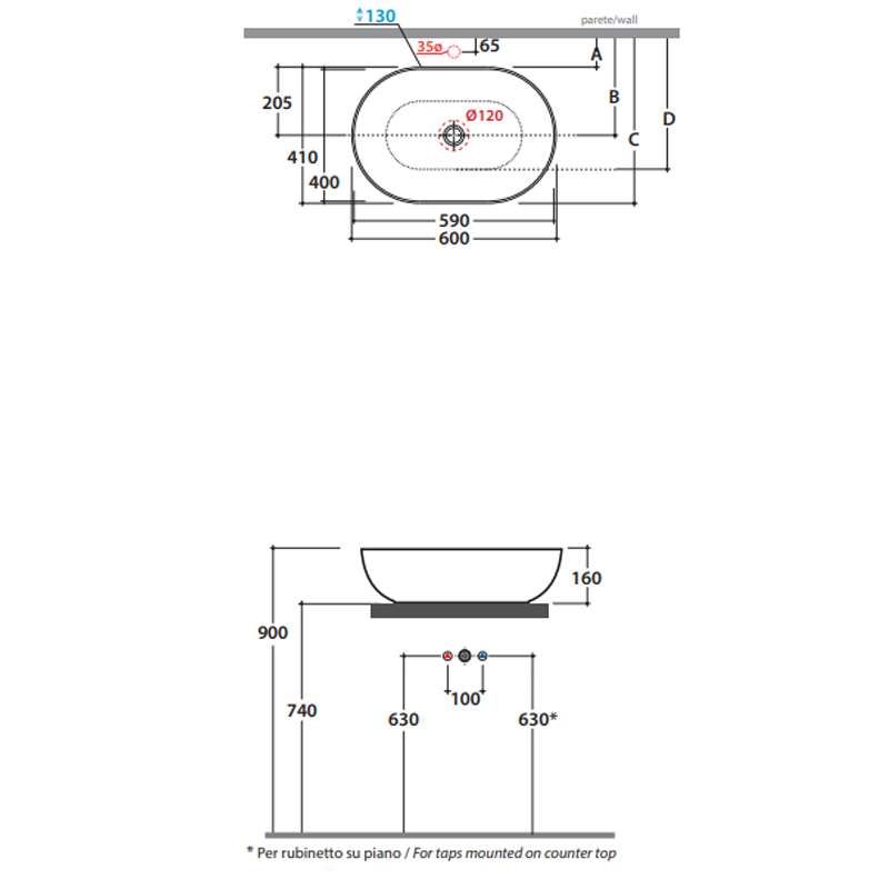 Globo T-Edge Oval Countertop Basin 600mm - Castagno - B6O60CS