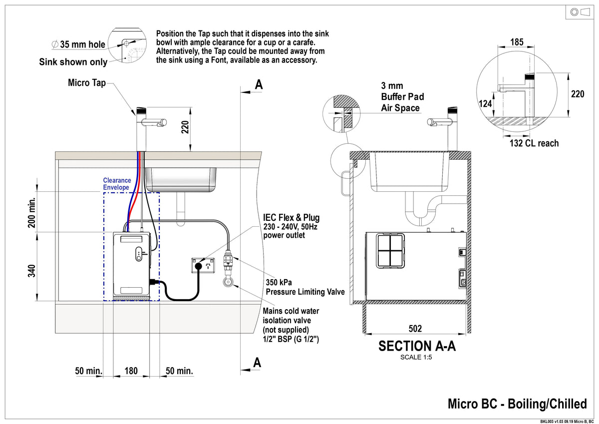 Zip HydroTap Micro BC10 Boiling & Chilled Tap - Bright Chrome M1005AU — installation dimensions and clearances