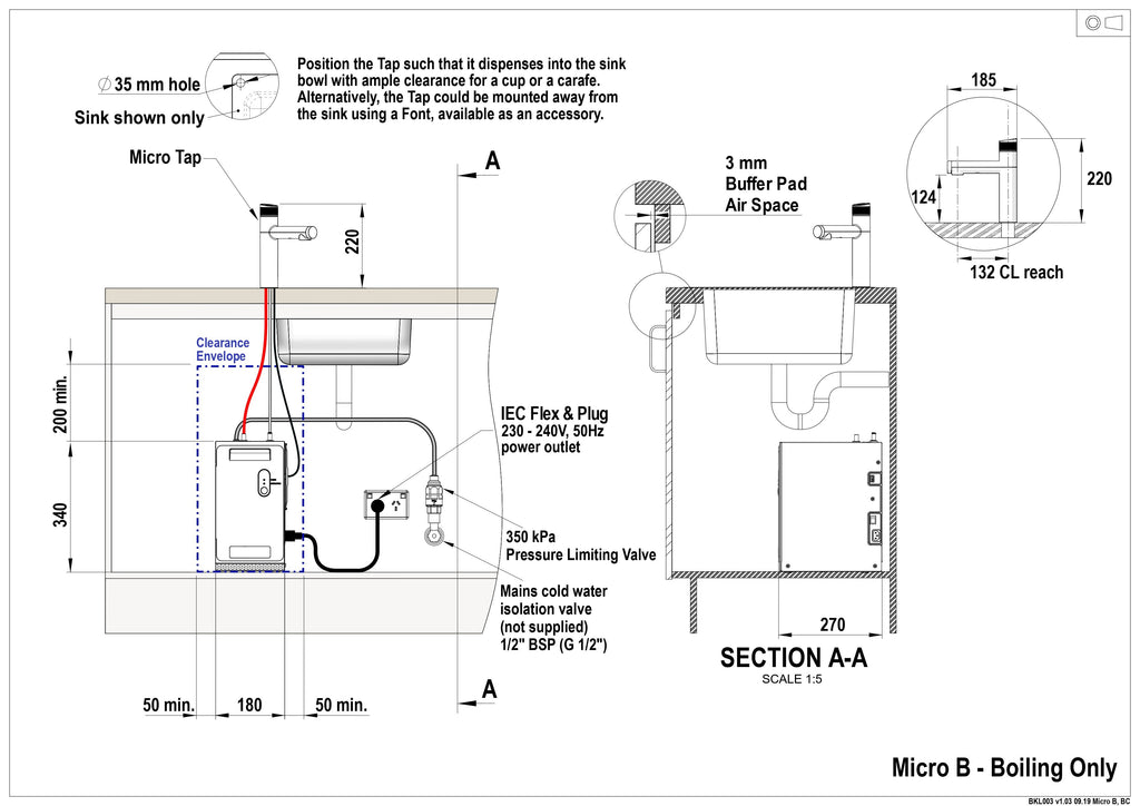 Zip HydroTap Micro BC10 Boiling Tap - Bright Chrome M1001AU — installation dimensions and clearances