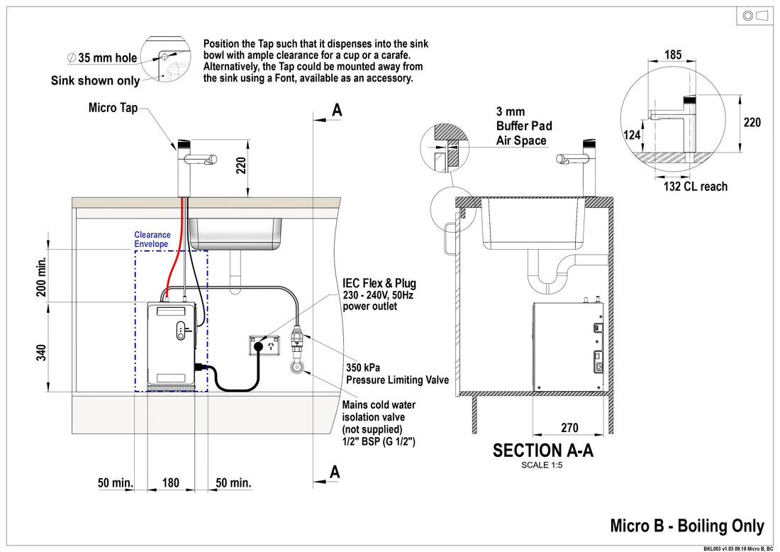 Zip HydroTap Micro BC10 Boiling Tap - Bright Chrome M1001AU installation layout and clearances