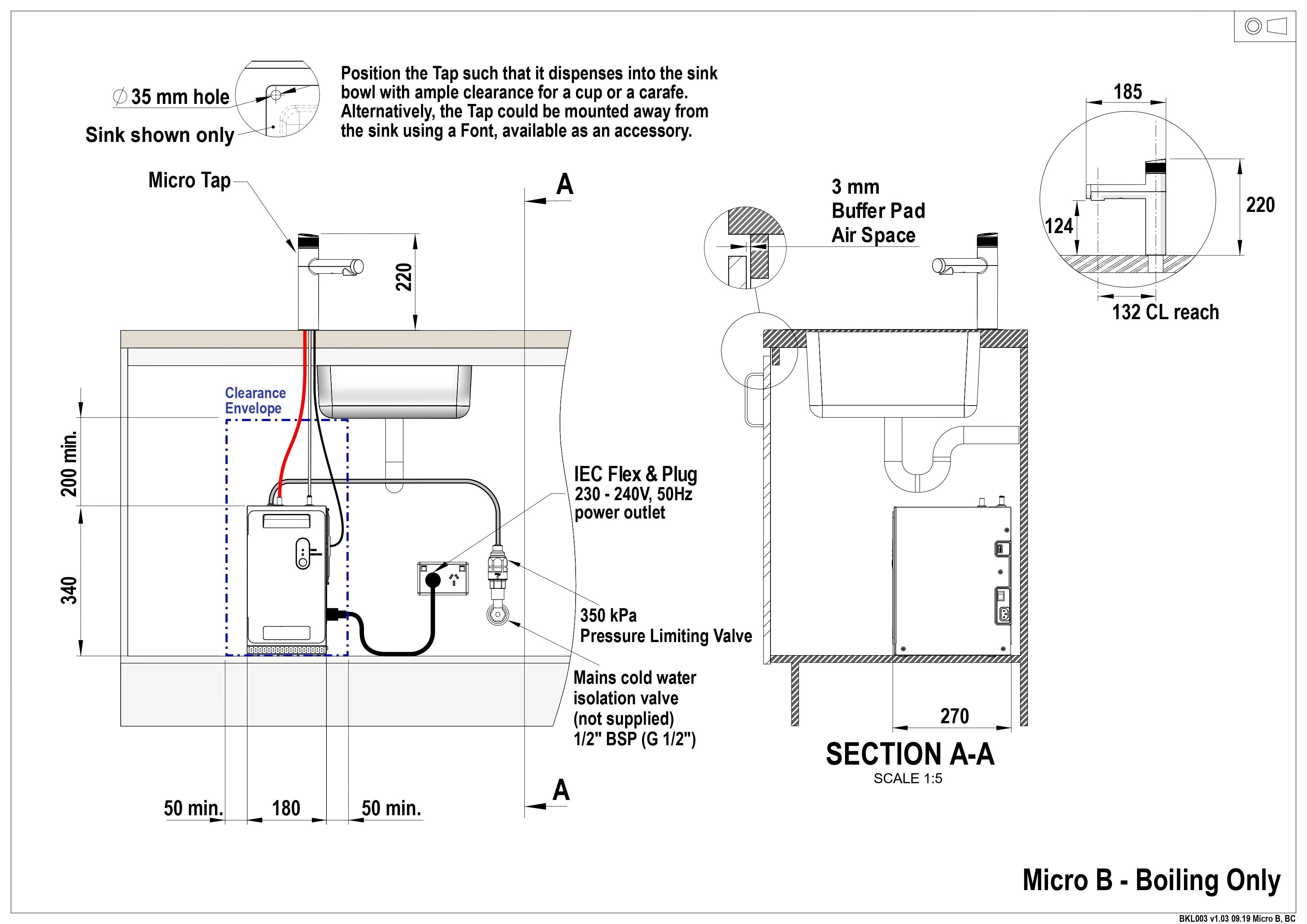 Zip HydroTap Micro BC10 Boiling Tap - Bright Chrome M1001AU — installation dimensions and clearances