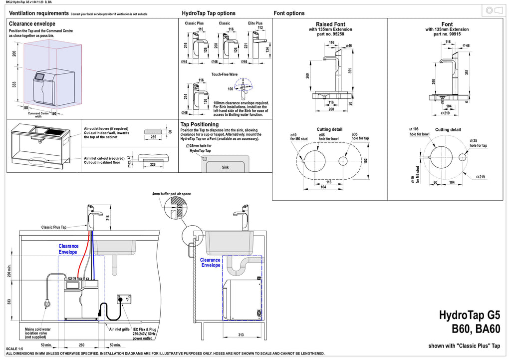 Zip HydroTap G5 B60 Touch-Free Wave Boiling - Chrome H5W706Z00AU — installation dimensions and clearances