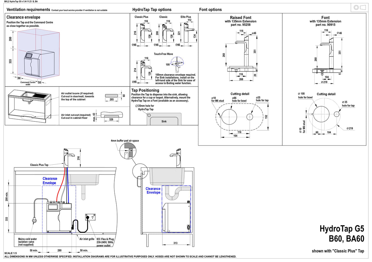 Zip HydroTap G5 B60 Touch-Free Wave Boiling - Chrome H5W706Z00AU — installation dimensions and clearances