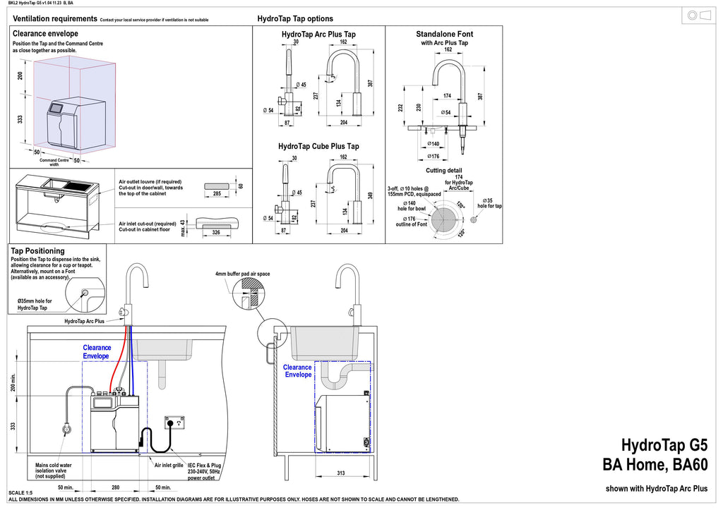Zip HydroTap G5 Boiling & Ambient Arc Plus Brushed Chrome H5L785Z01AU — installation dimensions and clearances