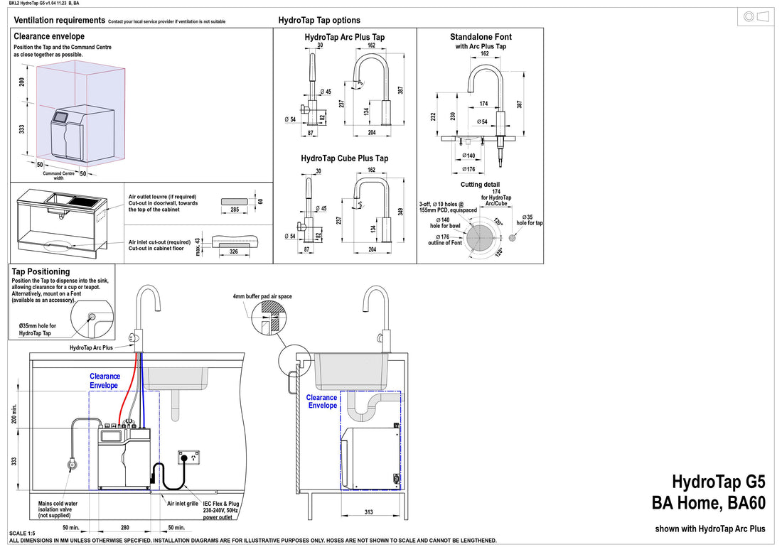 Zip HydroTap G5 Boiling & Ambient Arc Plus Brushed Chrome H5L785Z01AU installation layout and clearances