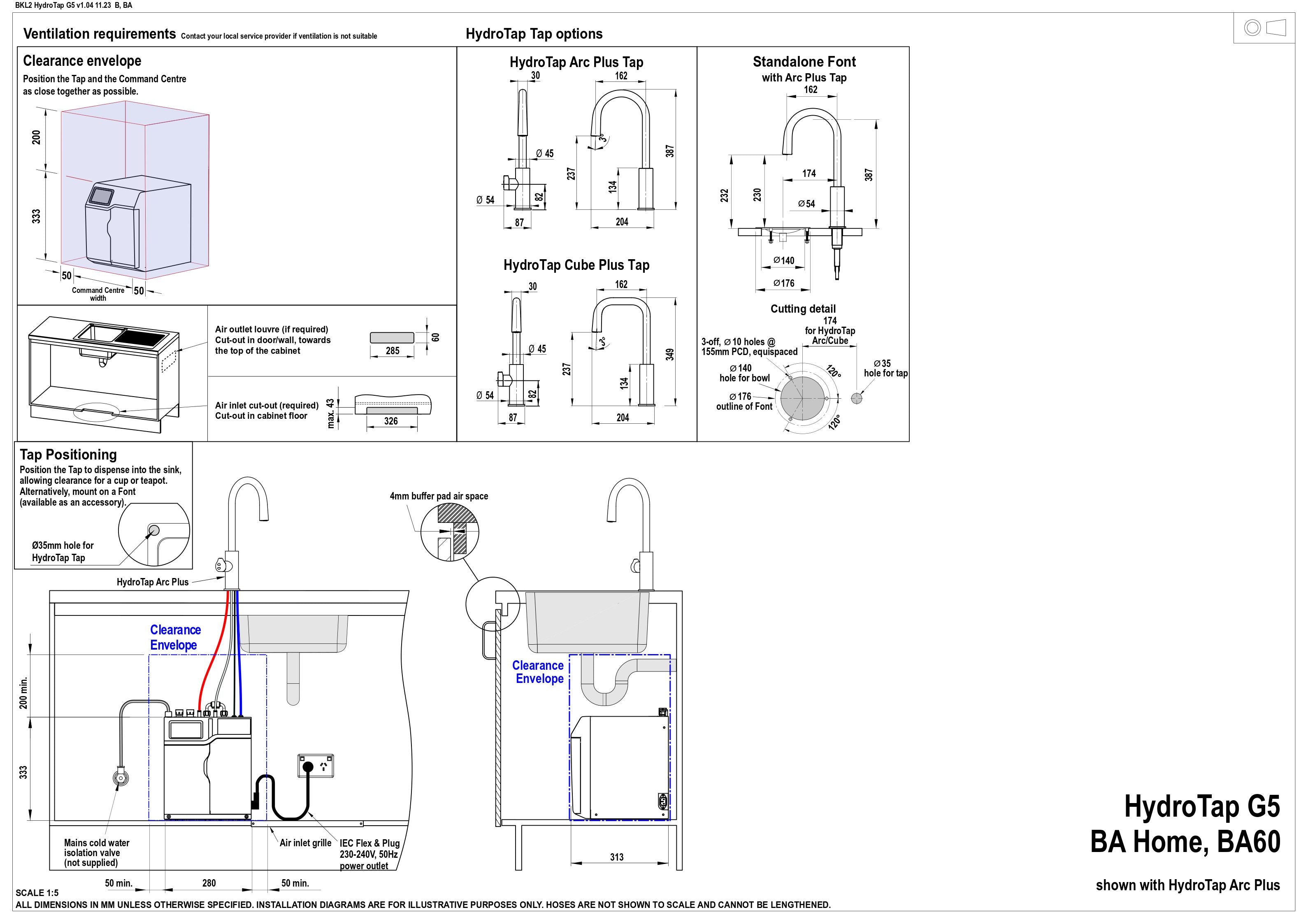 Zip Hydrotap G5 Arc Plus Boiling & Ambient - Chrome H5L785Z00AU — installation dimensions and clearances
