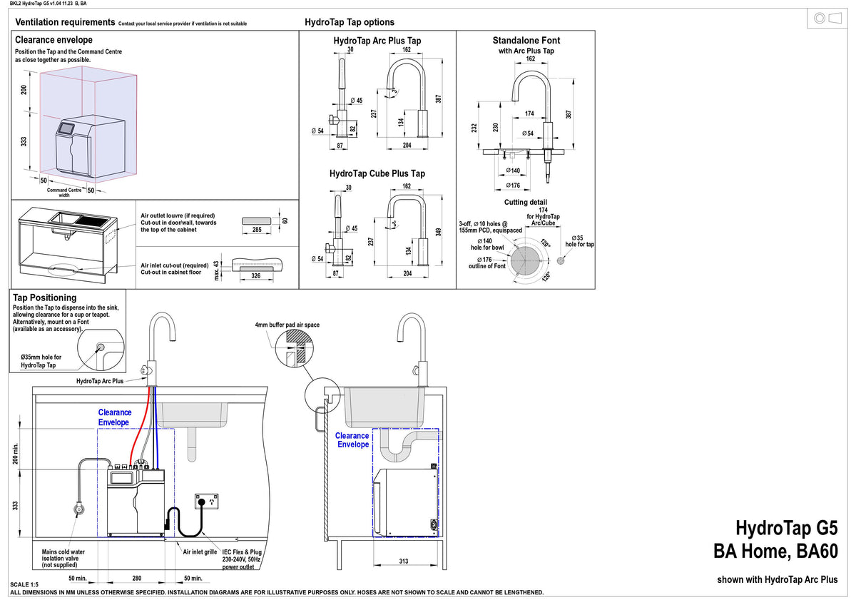 Zip HydroTap G5 Boiling & Ambient Cube Plus - Matte Black H5C785Z03AU — installation dimensions and clearances